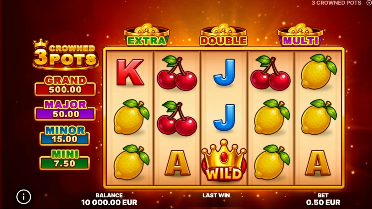 Tampilan visual slot 3 Crowned Pots dengan simbol buah dan pot emas
