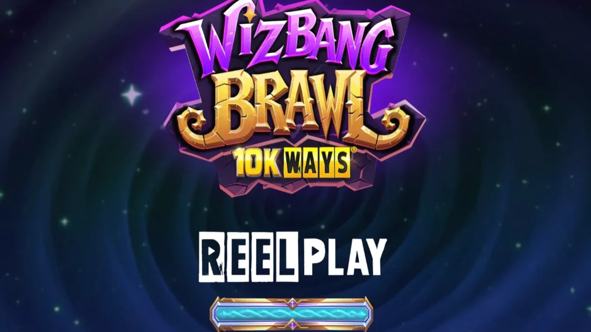 Wizbang Brawl 10K Ways slot game interface showing magical wizard characters and cascading reels